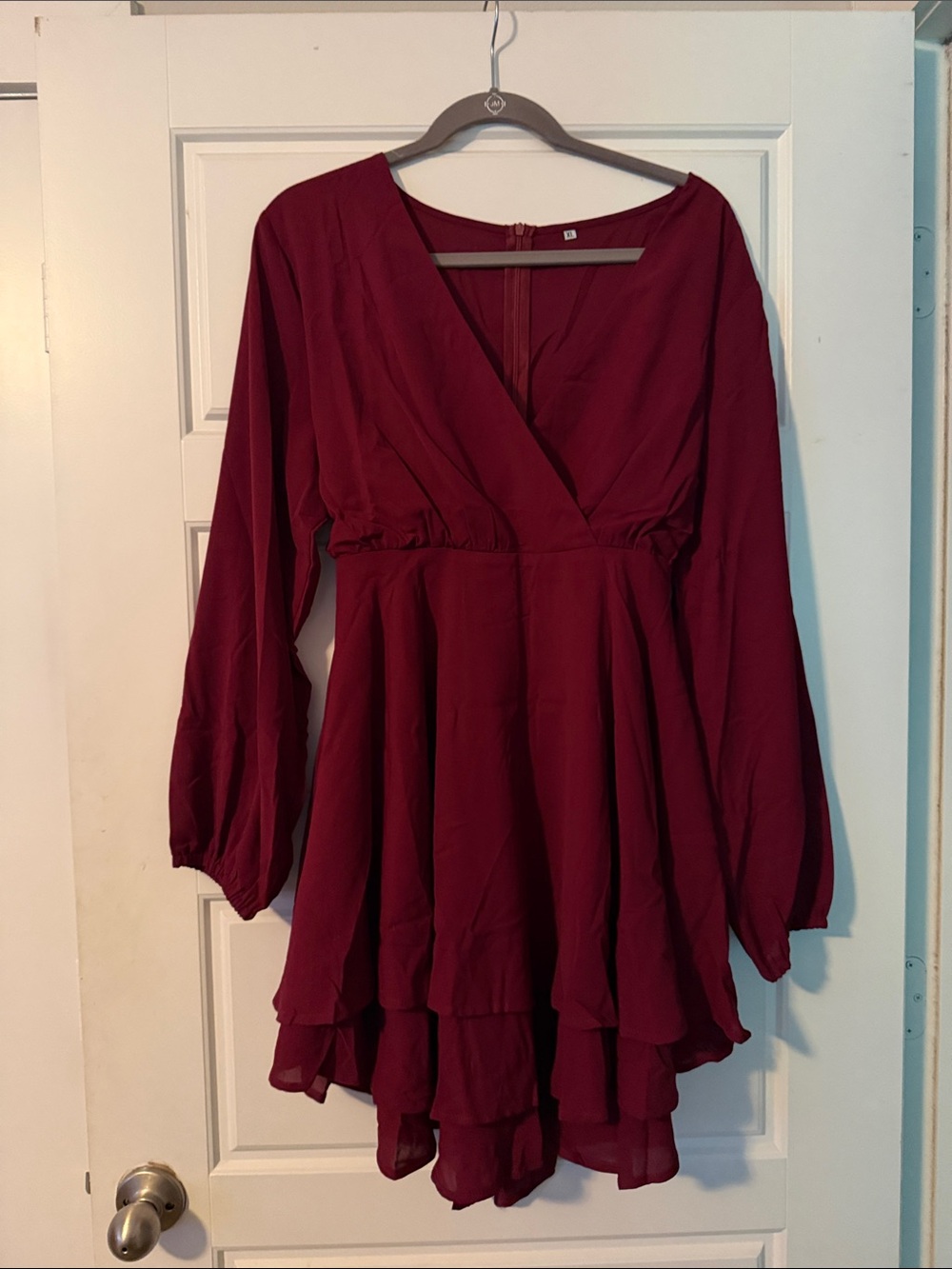 Women's Burgundy Long-Sleeve Tiered Dress